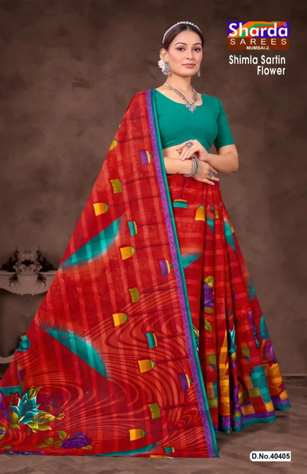 Model wearing Shimla Sartin Flower satin saree by Sharda Sarees in vibrant red with floral and abstract print