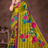 Olive Green Shimla Sartin Floral Print Saree with Multicolor Geometric Pattern – Sharda Sarees – SKU 40409