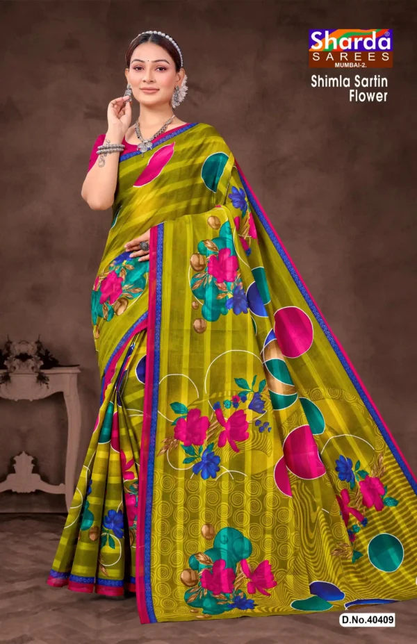 Olive Green Shimla Sartin Floral Print Saree with Multicolor Geometric Pattern – Sharda Sarees – SKU 40409