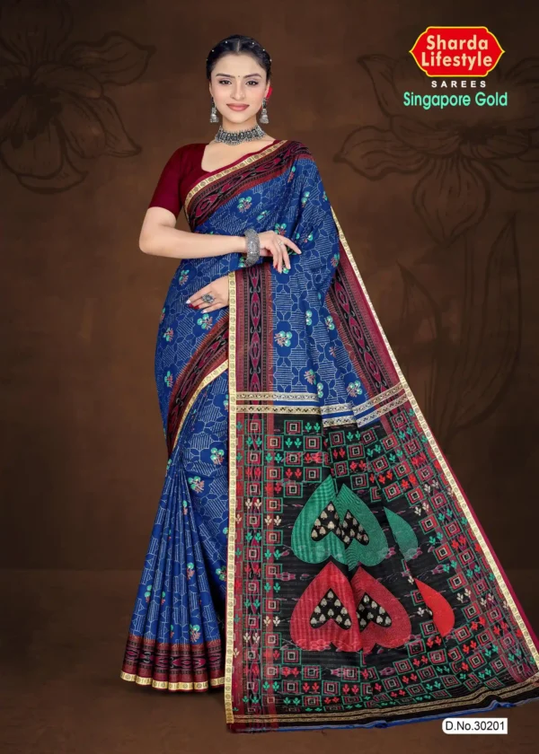 Blue Singapore Gold saree with floral body print and geometric pallu by Sharda Sarees