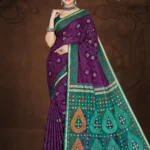 Purple Singapore Gold saree with intricate prints and green geometric pallu by Sharda Sarees