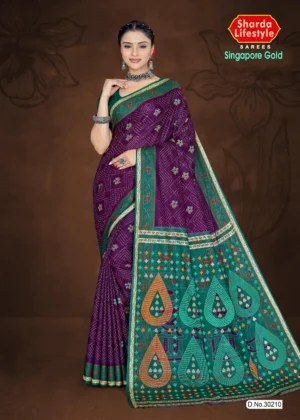 Purple Singapore Gold saree with intricate prints and green geometric pallu by Sharda Sarees