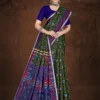 Green Singapore Gold saree with geometric prints and vibrant multicolor pallu by Sharda Sarees