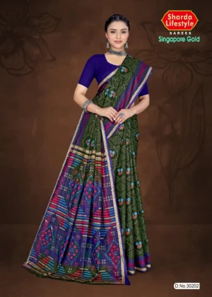 Green Singapore Gold saree with geometric prints and vibrant multicolor pallu by Sharda Sarees
