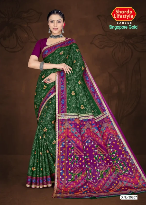 Model wearing a bottle green saree with vibrant magenta pallu featuring folk art, from Sharda Lifestyle’s Singapore Gold – Design No. 30207
