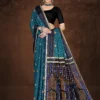 Model wearing a teal blue saree with a dramatic black geometric pallu from Sharda Lifestyle’s Singapore Gold – Design No. 30208