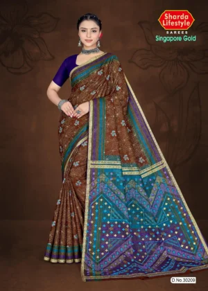 Model wearing a chocolate brown saree with an aqua and purple patola pallu from Sharda Lifestyle Singapore Gold – Design No. 30209