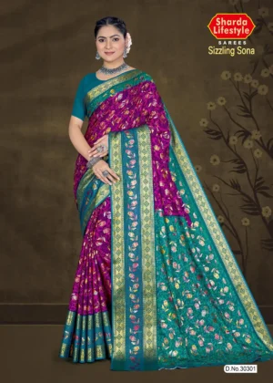 Model wearing purple and teal floral saree with golden zari border from Sharda Sizzling Sona