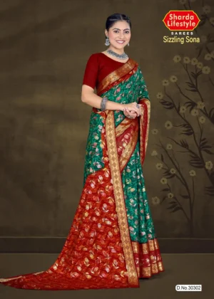 Model wearing red and green floral saree with broad golden zari border from Sharda Sizzling Sona collection