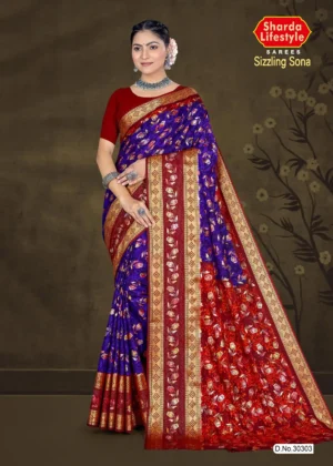 Model wearing royal blue and red floral saree with rich golden zari border from Sizzling Sona by Sharda