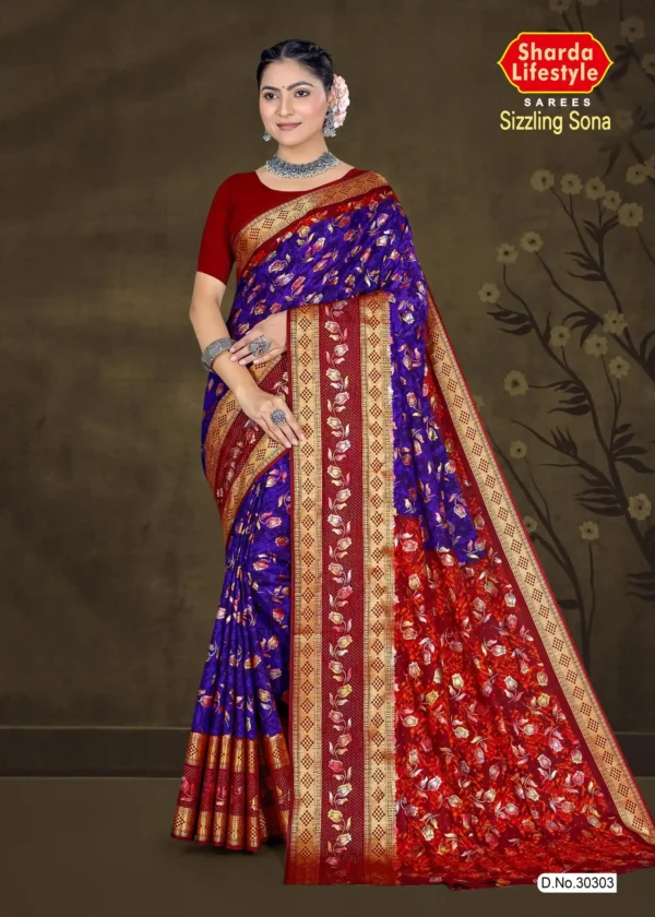 Model wearing royal blue and red floral saree with rich golden zari border from Sizzling Sona by Sharda