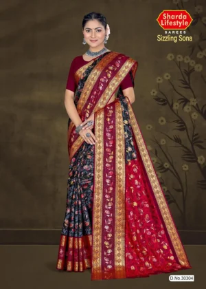 Model wearing black and maroon floral saree with red pallu and golden zari border from Sizzling Sona by Sharda