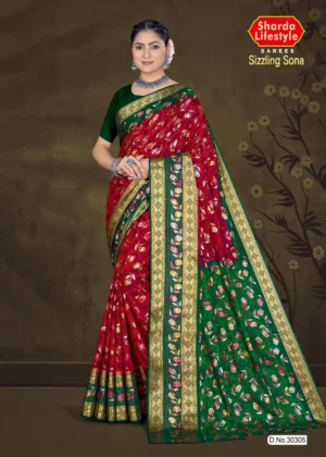Model wearing red and green floral silk saree with golden zari border from Sizzling Sona by Sharda