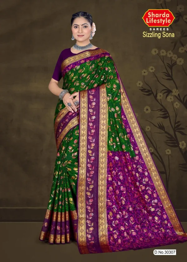 Woman wearing green and purple silk saree with golden zari border from Sharda Sizzling Sona collection
