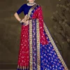 Red silk saree with golden zari border and blue floral pallu from Sharda Sizzling Sona Collection