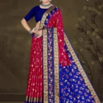 Red silk saree with golden zari border and blue floral pallu from Sharda Sizzling Sona Collection