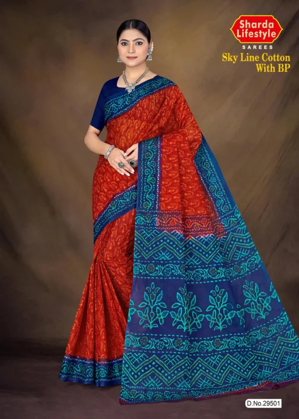 Sky Line Cotton With BP Saree in red and blue with intricate teal patterns by Sharda Lifestyle