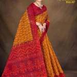 Sky Line Cotton Saree D.No.29508 – Mustard Yellow with Maroon Pallu and Matching Blouse Piece by Sharda Lifestyle