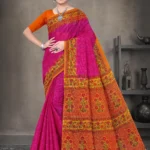 Sone Pe Shuhaga pink and orange traditional floral print saree with contrast border