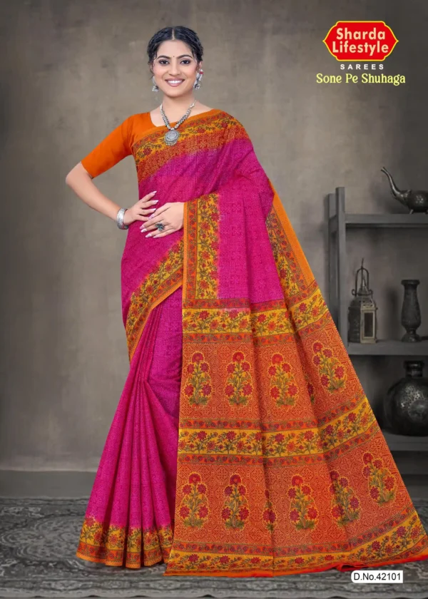 Sone Pe Shuhaga pink and orange traditional floral print saree with contrast border
