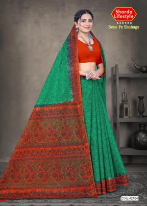 Green and orange Sone Pe Shuhaga saree with traditional floral border from Sharda Sarees
