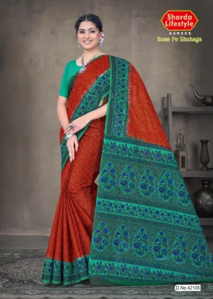 Rust orange and green Sone Pe Shuhaga saree with intricate blue floral weave from Sharda Sarees