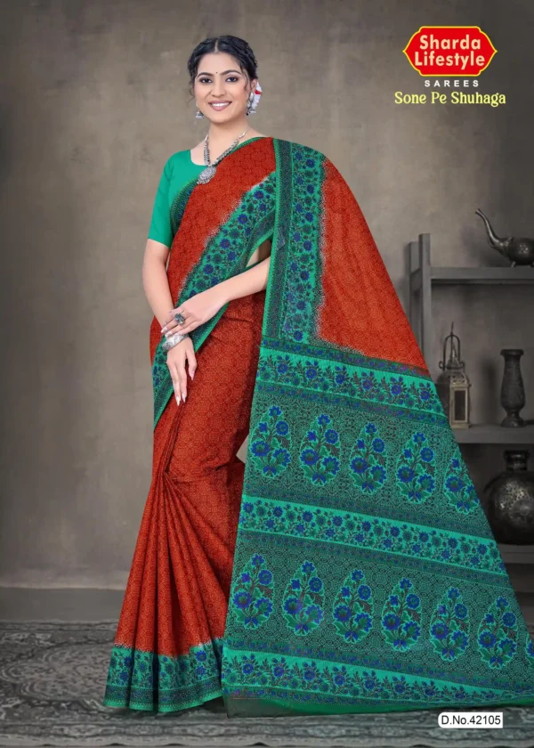 Rust orange and green Sone Pe Shuhaga saree with intricate blue floral weave from Sharda Sarees