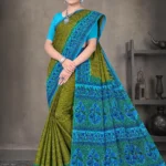 Olive green and turquoise blue Sone Pe Shuhaga saree with intricate floral border from Sharda Sarees