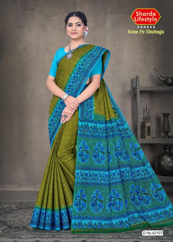 Olive green and turquoise blue Sone Pe Shuhaga saree with intricate floral border from Sharda Sarees