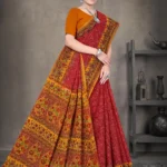 Rust red and mustard yellow Sone Pe Shuhaga saree with intricate floral border from Sharda Sarees