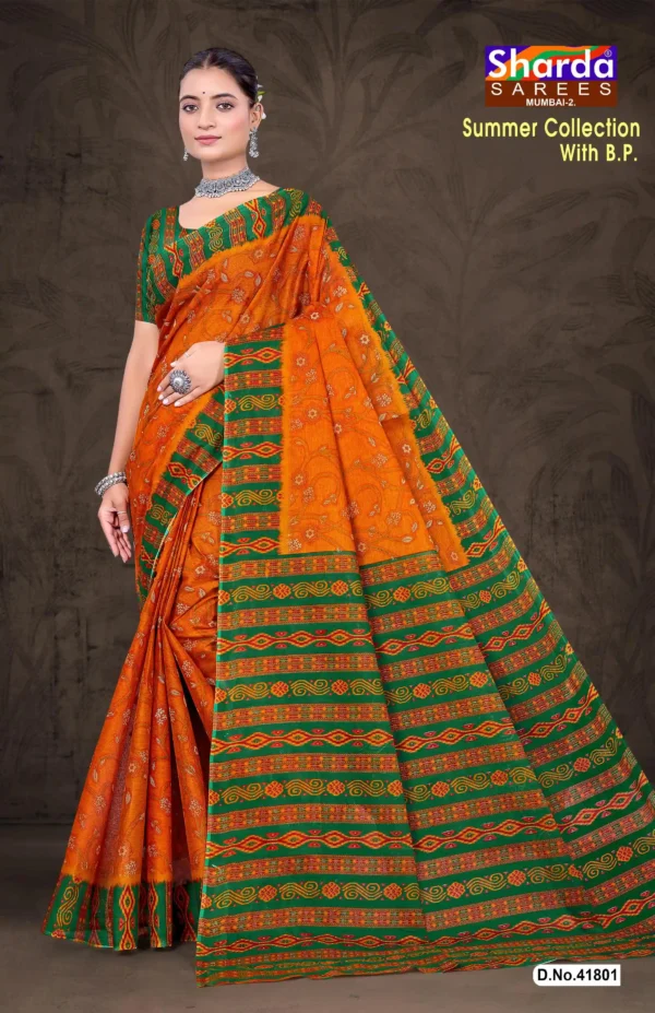Orange and Green Summer Collection Saree with Blouse Piece D.No.41801 by Sharda Sarees