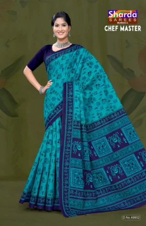 Chef Master Designer Saree in Teal Blue and Navy Blue Tribal Print