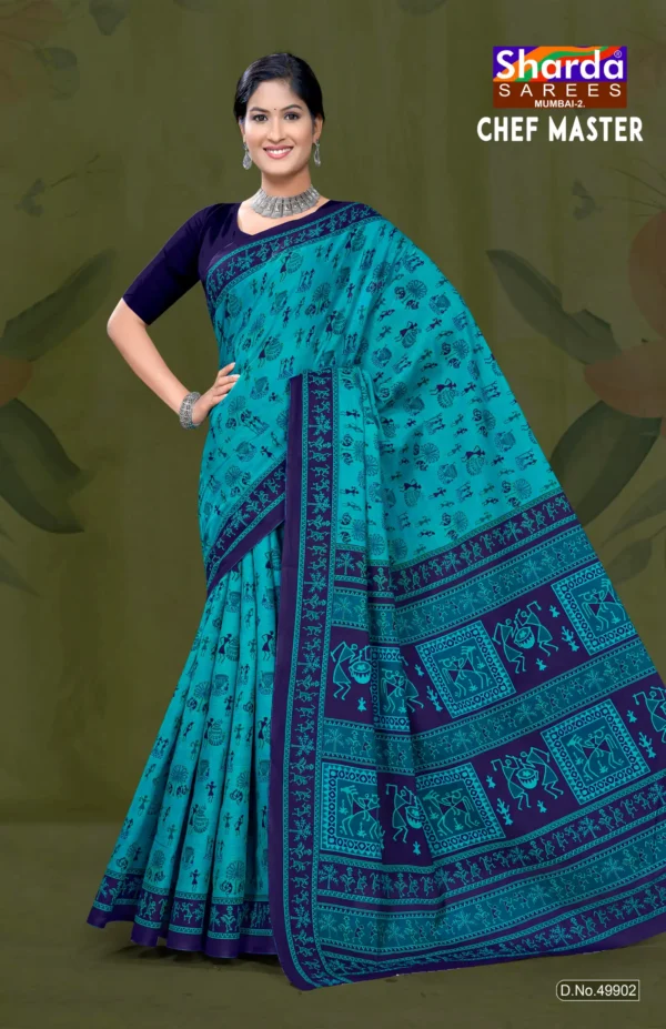Chef Master Designer Saree in Teal Blue and Navy Blue Tribal Print