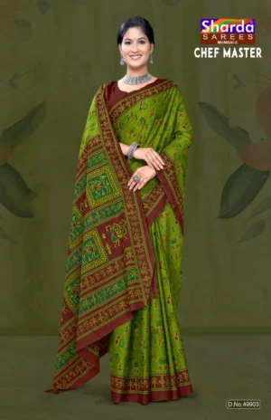 Chef Master Designer Saree in Olive Green and Maroon Tribal Print