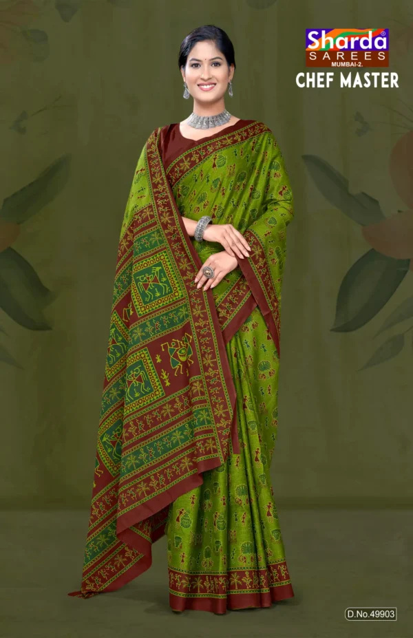 Chef Master Designer Saree in Olive Green and Maroon Tribal Print