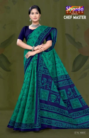 Chef Master Designer Saree in Sea Green and Navy Blue Tribal Print