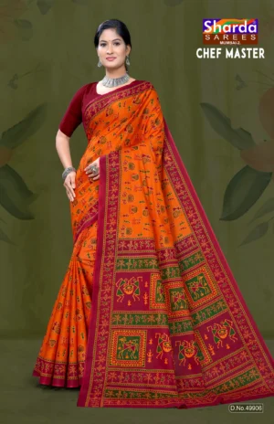 Chef Master Designer Saree in Orange and Magenta Tribal Print