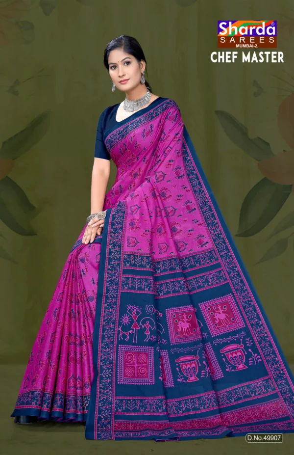 Chef Master Designer Saree in Magenta Pink and Navy Blue Tribal Print
