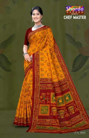Chef Master Designer Saree in Mustard Yellow and Maroon Tribal Print