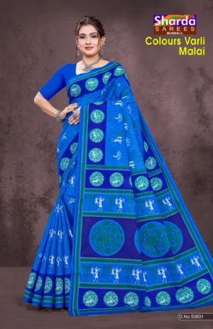 Colours Varli Malai Designer Saree in Royal Blue Tribal Print