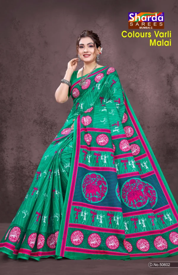 Colours Varli Malai Designer Saree in Emerald Green Tribal Print