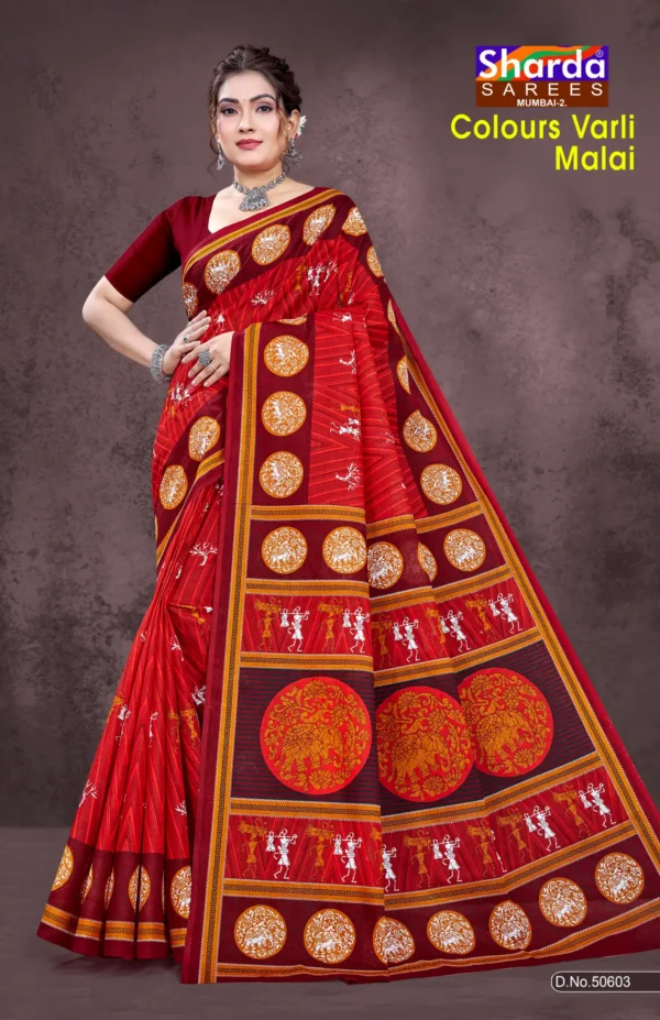 Colours Varli Malai Designer Saree in Crimson Red Tribal Print