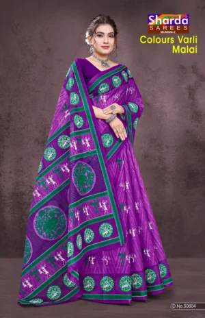 Colours Varli Malai Designer Saree in Purple and Green Tribal Print