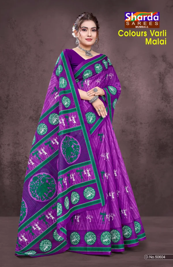 Colours Varli Malai Designer Saree in Purple and Green Tribal Print