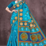 Colours Varli Malai Designer Saree in Turquoise Blue and Mustard Tribal Print