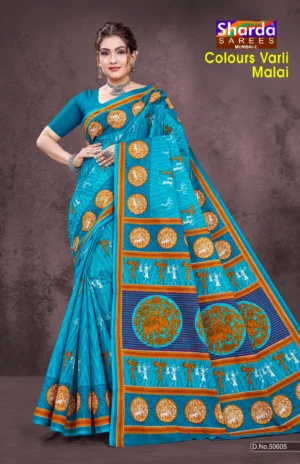 Colours Varli Malai Designer Saree in Turquoise Blue and Mustard Tribal Print