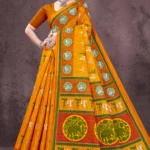 Colours Varli Malai Designer Saree in Mustard Yellow and Olive Green Tribal Print