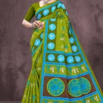 Colours Varli Malai Designer Saree in Olive Green and Sky Blue Tribal Print