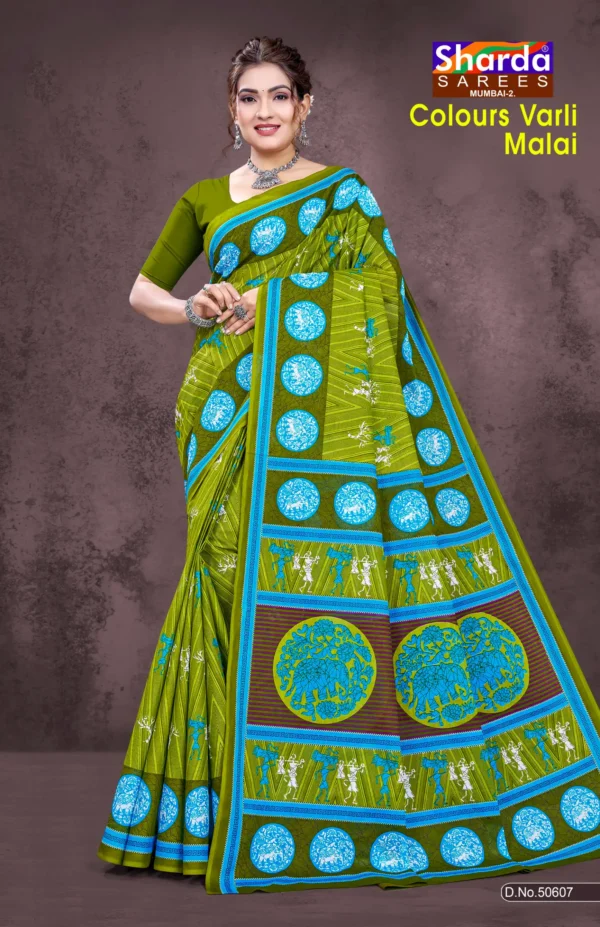 Colours Varli Malai Designer Saree in Olive Green and Sky Blue Tribal Print