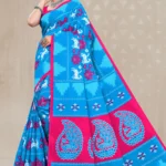Dalhousie Malai Designer Sky Blue & Rani Pink Saree with Ikat Inspired Ethnic Design
